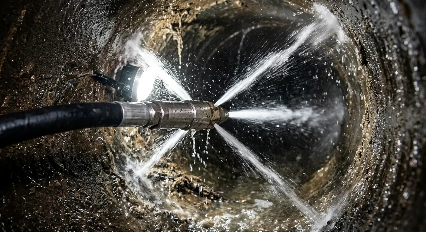 High-pressure hydro jetting nozzle cleaning sewer pipe for Emergency Drain Service in Daphne