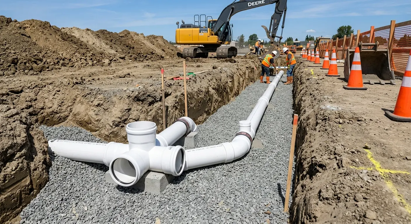 New PVC sewer pipe installation in open trench for Sewer Backup in Daphne
