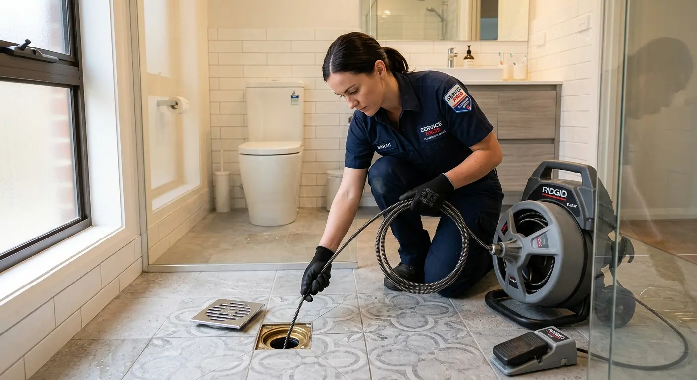 Technician clearing a bathroom floor drain for Hydro Jetting in Daphne